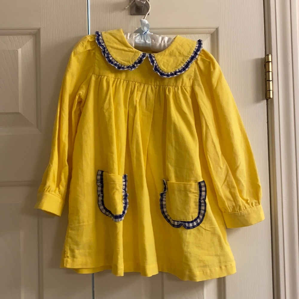 Posh pickle yellow cord dress with navy gingham trim 3t